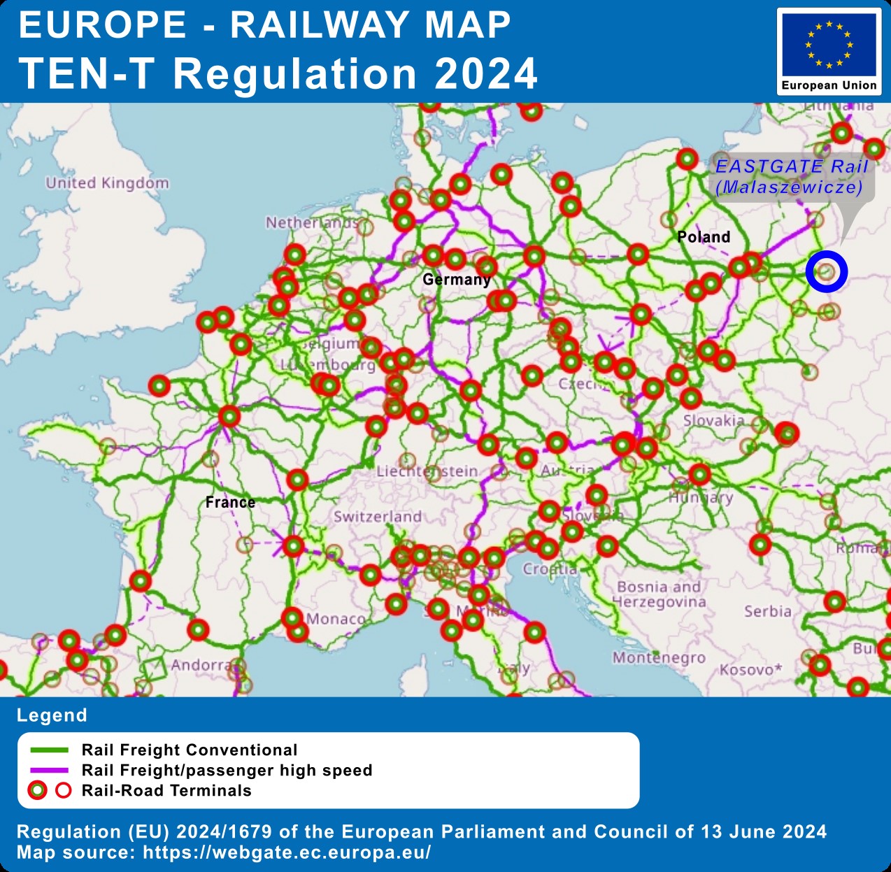 Map of TEN-T corridors under the 2024 Regulation, highlighting EASTGATE Rail Małaszewicze